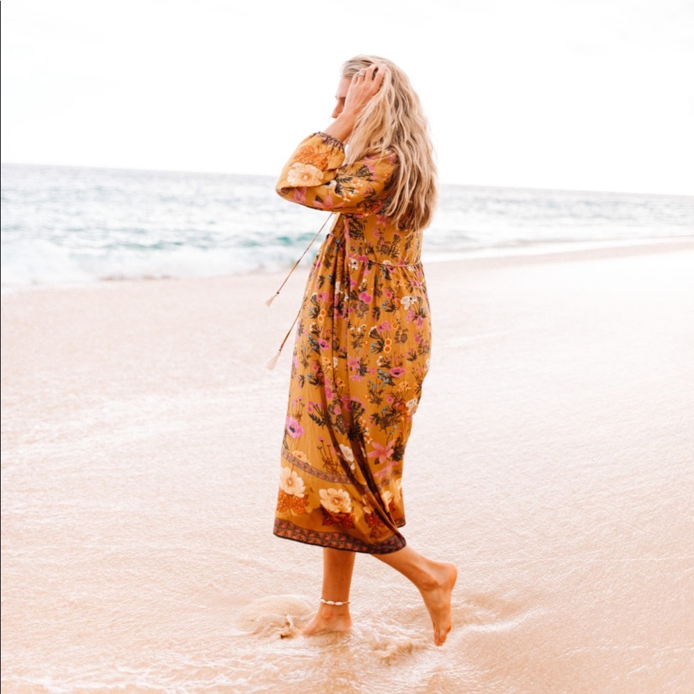 Mustard Yellow Floral Boho Peasant Midi Dress - Picture 3 of 8